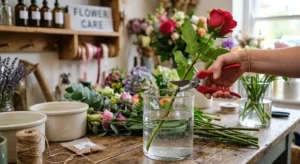 Florist arranging a colourful bouquet in a flower shop