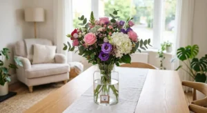 Colourful seasonal bouquet in a glass vase