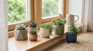 Small potted succulents and plants on a windowsill