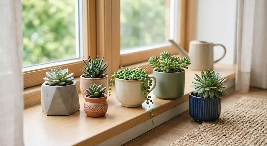 Small potted succulents and plants on a windowsill