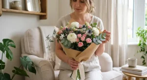 Woman holding a fresh bouquet of pink and white flowers
