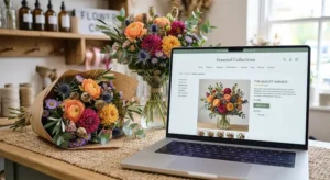 Online flower shop displayed on a laptop beside a colourful bouquet