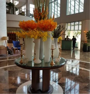 Vibrant floral arrangement in a professional space