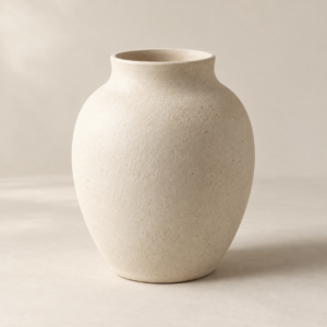 Rounded cream ceramic vase with a textured matte surface