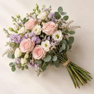 Hand-tied bouquet of pale pink, cream and lilac flowers with eucalyptus